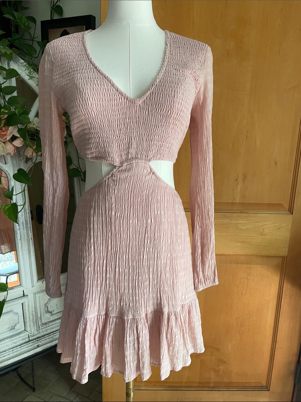 Altar’d State Long Sleeve Pink Cutout Mini Dress Smocked XS